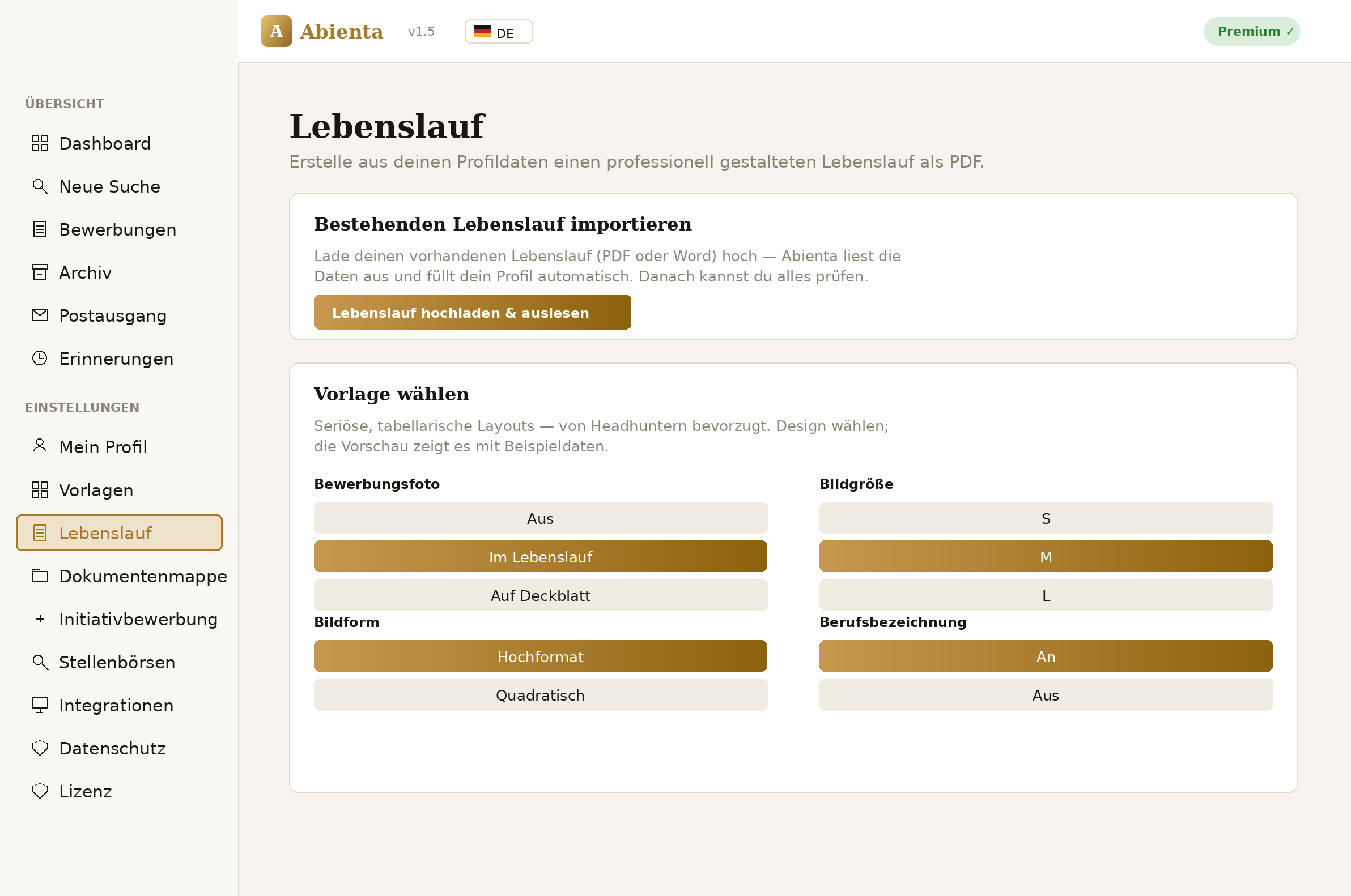 Lebenslauf in der Abienta Desktop-App erstellen